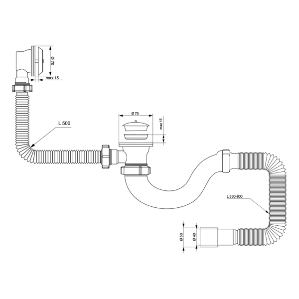 Сифон для ванни прямоточний з пробкою на ланцюжку і гнучким відведенням Ø40/50 мм TAU, фото 3